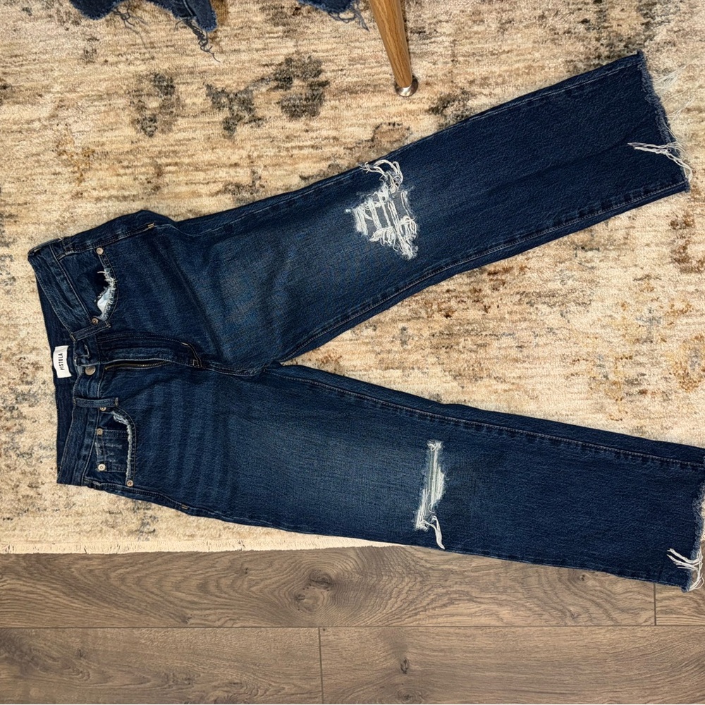 Pistola Women's Distressed Dark Blue Straight Leg Jeans